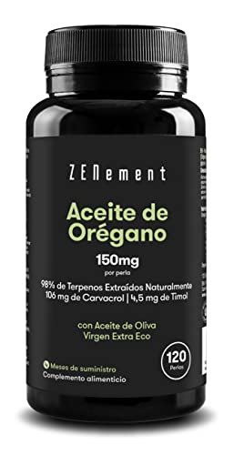 Aceite de Orégano, 150 mg, 120 Softgels | con Aceite de Oliva Virgen Extra Español Ecológico | 106 mg de Carvacrol y 4.5 mg de Timol por cápsula | 100% Ingredientes Naturales, Sin Aditivos | Zenement