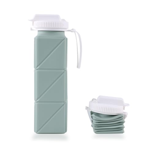 Botella de agua plegable reutilizable de silicona libre de BPA con tapa 620 ml para viaje, running, deporte, senderismo, gimnasio, camping, ciclismo, cantimplora plegable. A prueba de fugas. (Verde)