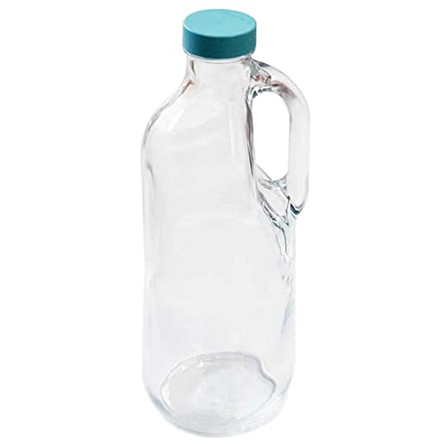 Tradineur - Botella de cristal con asa y tapa de plástico 1,4 L. Jarra vidrio 30 x 9 cm para agua caliente/fría, té helado, bebidas, frigorífico, nevera