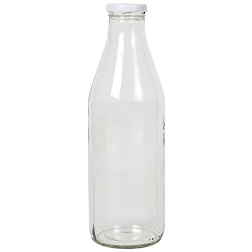 Tradineur - Botella de cristal para leche, botella para bebidas con tapa de rosca, batidos, zumos, licuados de verduras, salsas, frigorífico (Tapa blanca, 1 litro)