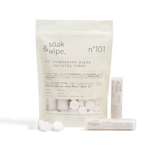 Soak & Wipe - 100 Toallitas comprimidas pastilla mágica - Toalla comprimida de viaje y senderismo - Toallita para cuerpo y cara reutilizable y biodegradable