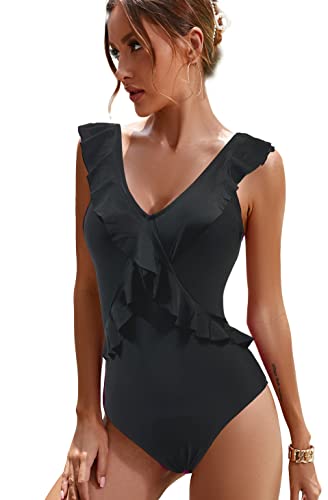 JFAN Trajes de Baño de Una Pieza para Mujer Monokini Ropa de Baño Cuello en V Floral Volantes Traje de Una Pieza Bikini Bañadore Set Negro,XL