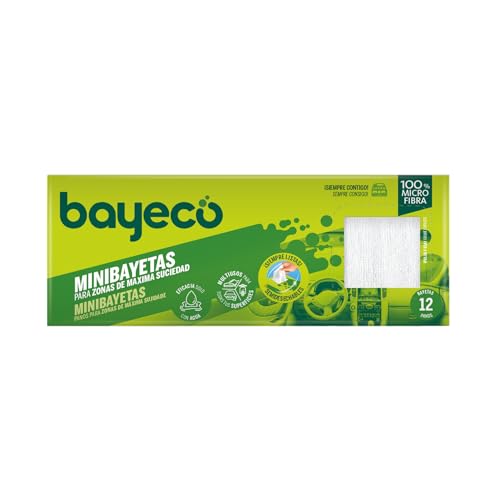 Bayeco - Minibayetas - 100% Microfibra - Semidesechables y Multiusos - Fuertes y absorbentes - Máxima limpieza solo con agua - Práctico y cómodo dispensador - 1 Pack 12 unidades