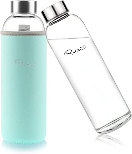 Ryaco Botella de Agua Cristal 550ml, Botella de Agua Reutilizable 18 oz, Sin BPA Antideslizante Protección Neopreno Llevar Manga y Cepillo de Esponja (550ml, Menta Verde)