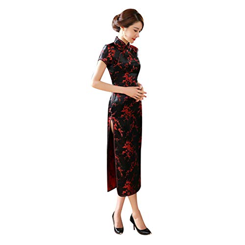 Kalaokei Cheongsam - Vestido de noche de manga corta con estampado de dragón y fénix para mujer tradicional china, Cheongsam, manga corta, color negro y rojo, talla S