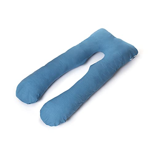 Acomoda Textil - Almohada de Embarazo Cuerpo Completo. Cojín para Embarazadas en Forma de U, Funda 100% Algodón, Desenfundable y Lavable para Dormir y Alimentar 65x140 cm. (Azul)