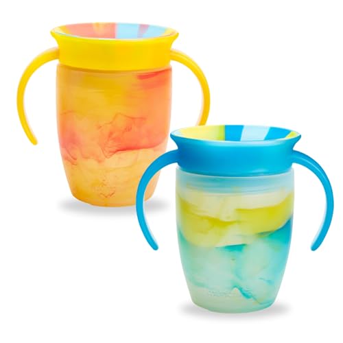 Munchkin Miracle 360 6+ Month 7oz Baby Sippy Cups (2-Pack). Free Flow Beaker for Toddlers. Trainer Cup, BPA-Free, Spill-Free, Dishwasher-Safe Baby Water Bottle with Easy-Grip Handles. (Blue/Yellow)