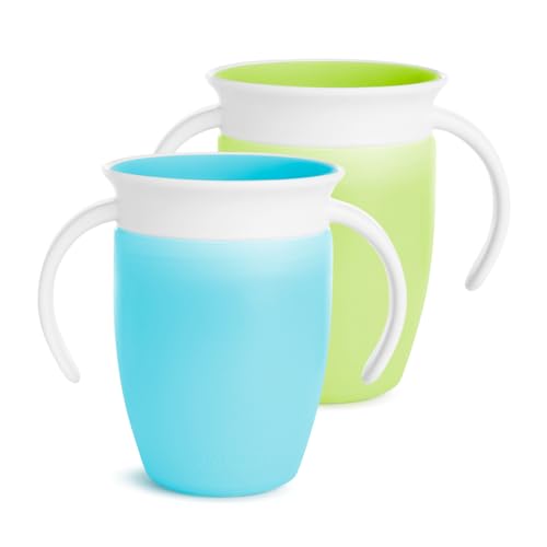 Munchkin Vaso Aprendizaje, Set de Vasos 360° con Asas, Vaso Antiderrame Libre de BPA para Bebés a Partir de los 6 Meses y Niños Pequeños, Apto para Lavavajillas, Lote de 2 x 207 ml, Azul/Verde