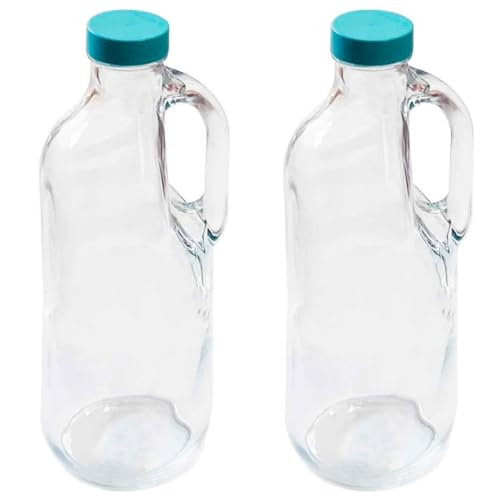 Tradineur - Pack de 2 botellas de cristal con asa y tapa de plástico - 1,4 litros - Jarras vidrio 30 x 9 cm para agua caliente/fría, té helado, bebidas, frigorífico, nevera