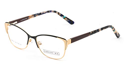 CAROLINE B.K. Montura de gafas sin graduar con lentes transparentes sin prescripción. Lente tamaño MEDIANO (49-54 mm) (M, Negro/Tortuga/Oro)