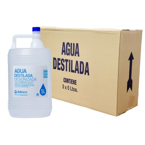 ADESCO S/A Agua Desionizada Destilada 3 x 5l, Apta para CPAP, Autoclave, Plancha, Baterias, Plantas, Multiples usos