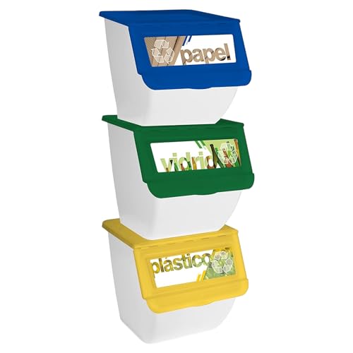 TIENDA EURASIA Cubos de Basura de Reciclaje - Pack 3 Cubos Apilables de Cocina con Ruedas - Capacidad 36 L - Ideal para Reciclar (Plástico - Papel - Vidrio) (Blanco)