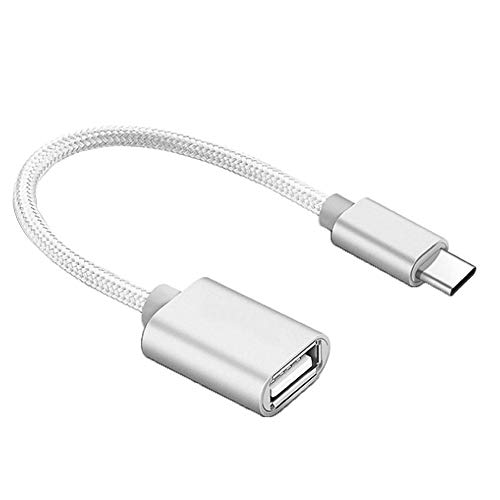 REY - Conversor Adaptador OTG USB Hembra a USB 3.1 Tipo C Macho Cable Nylon 20Cm Plata