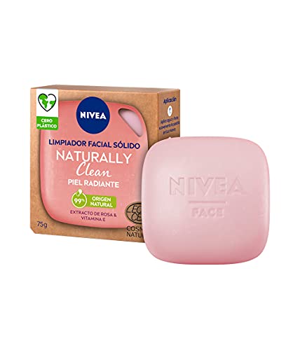 NIVEA Naturally Clean Limpiador Facial Sólido Piel Radiante (1 x 75 g), pastilla 99% de origen natural para una limpieza profunda, con extracto de rosa y vitamina E