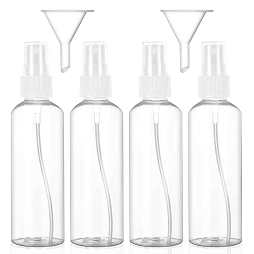Hanyousheng 4 Piezas Bote Spray Plastico, Atomizador Transparente Niebla, Botellas de Viaje Vacio, Contenedor de Pulverizador, Adecuado para Limpieza, Perfume, con Embudo(100ML)
