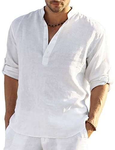 PADOLA Hombre Camisas Lino T-Shirt Suelta Manga Larga Casual Top Color Sólido Camisa de Verano Regular Fit Respirable Henley Camisas Casual (1 Blanco L)