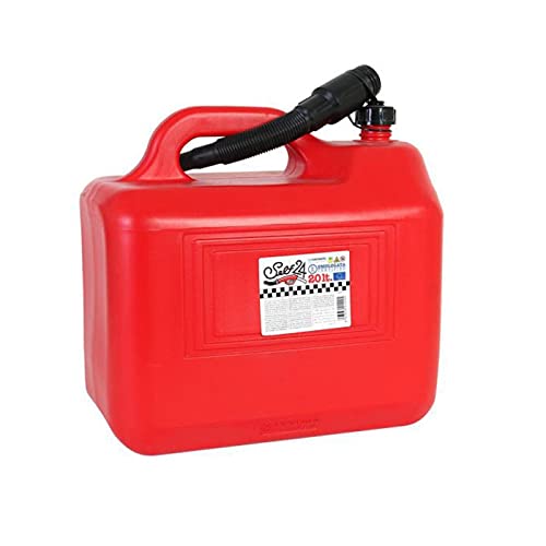Tradineur - Bidón gasolina con embudo 20 litros, tanque, garrafa combustible de plástico con cánula, tubo flexible (Rojo, 40 x 20 x 35 cm)