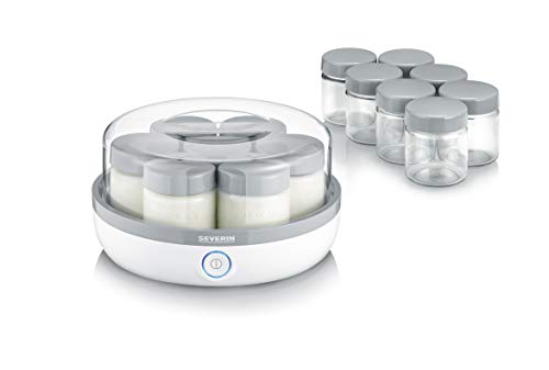 SEVERIN - Yogurtera con tapa pequeña, máquina para hacer yogurt en casa, 14 tarros de cristal herméticos de 150 ml, libre de BPA, Blanco / gris, JG 3520