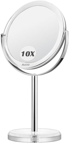 Auxmir Espejo Maquillaje con Aumento 10X / 1X, Espejo de Mesa Baño Doble Cara, Giratorio 360° para Maquillaje, Afeitado, Depilación Cejas y Cuidado Facial