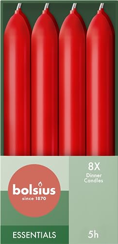 Bolsius Velas lisas – Rojo – 8 unidades en caja – 17 cm – Duración de combustión 5 horas – Sin perfume – 25% de cera vegetal natural – Sin aceite de palma - Valentin