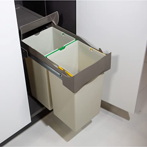 AZERODESIGN - Cubo de Basura - 2 Compartimentos de 7L - Ancho Módulo 30 cm - 40x4x25,5 cm - Sistema con Guías Extraíbles de Acero - Fijación Inferior - Material de Plástico PVC