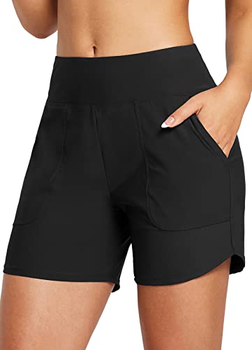 BALEAF Bañador para mujer con control de abdomen, UPF50+, secado rápido, cintura alta, con bolsillos, A-negro., XS