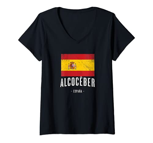 Mujer Alcocéber España | Souvenir - Ciudad - Bandera - Camiseta Cuello V