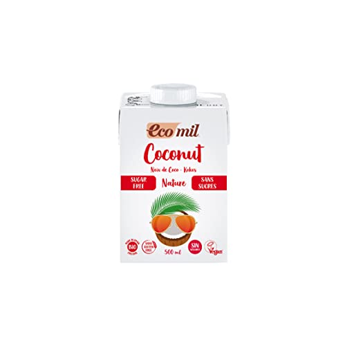 Ecomil Leche de coco Bio 500ml.Sin lactosa, sin gluten, sin soja, sin huevo, sin azúcares añadidos, sin proteína láctea y con bajo contenido en sal