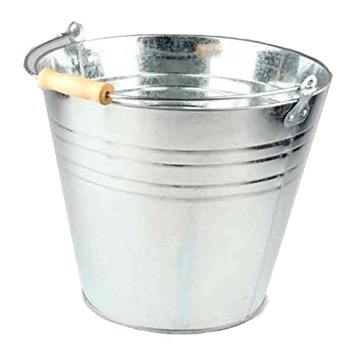 Tradineur – Cubo de Metal galvanizado de 8 litros, de 24 x 19 cm, con Mango de Madera para Limpieza, jardinería, hogar… Balde de Metal, cubeta, barreño Metalizado