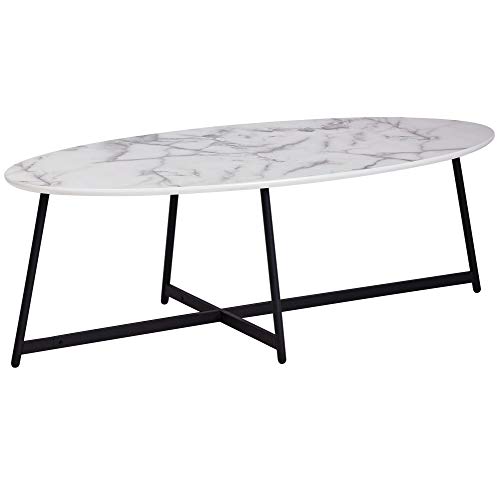 FineBuy Ovalada de diseño de FineBuy 120x60 cm con Aspecto de mármol Blanco | Mesa de Centro con Patas de Metal Negro | Mesa Auxiliar Grande