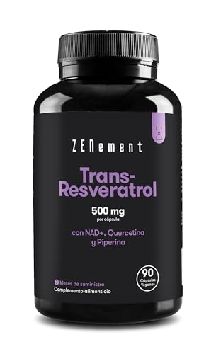 Trans-Resveratrol, 500 mg por cápsula, 90 Cápsulas - con NAD+, Quercetina y Piperina - Antiedad, Envejecimiento Saludable, Antioxidante - Vegano, sin conservantes, sin alérgenos - Zenement