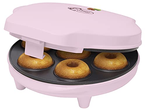 Bestron Donut Maker en diseño retro, mini donut maker eléctrica para 7 pequeños donuts, incl. semáforo de cocción y revestimiento antiadherente, 700 vatios, color: rosa