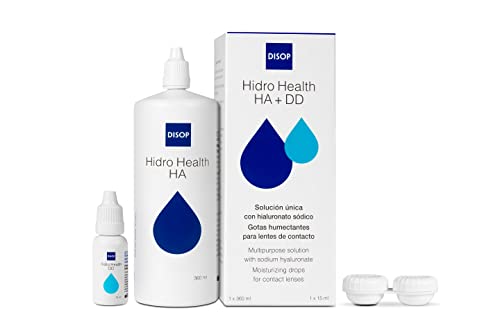 Hidro Health HA Solución Única con Ácido Hialurónico para todo Tipo de Lentes de Contacto Blandas + Portalentes Antimicrobiano + Gotas Humectantes (360 ml + 15 ml)