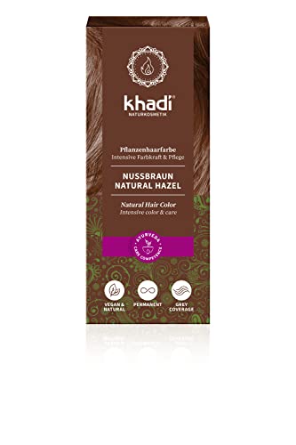 khadi NATURAL HAZEL tinte vegetal, coloración para el cabello de castaño nuez brillante a castaño chocolate intenso, color 100% vegetales y vegano, cosmética natural certificada, 100g