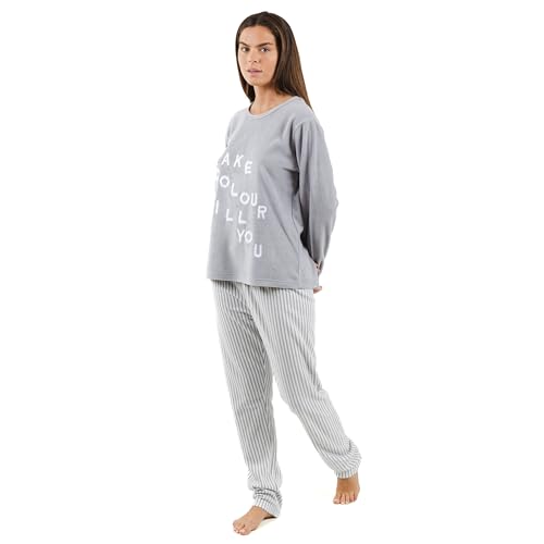 TRAMAS+ Pijama Polar Mujer para Invierno Suave y Calentito, Conjunto de Pijama Cómodo para Dormir y Estar en Casa - (L, Emiro Gris Medio)