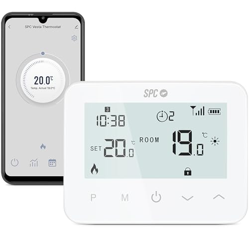 SPC Vesta Thermostat – Termostato calefacción WiFi para Caldera de Gas, manejo Inteligente por App, Compatible con Alexa/Google, detección de Ventanas Abiertas, programable y de Pared – Blanco