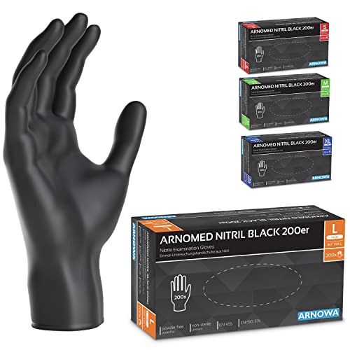 ARNOMED Guantes nitrilo L, 200 uds/caja, guantes nitrilo talla S, M, L o XL, guantes nitrilo negro, guantes de nitrilo sin polvo y látex, guantes negros nitrilo, guante nitrilo, guantes nitrilo negros