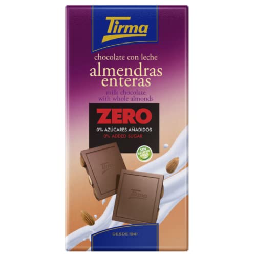 Tirma Zero Chocolate con Leche con Almendras | Chocolate con Almendras Enteras | Chocolate sin Azúcares Añadidos | Chocolate sin Gluten | Apto para Diabéticos | 125g
