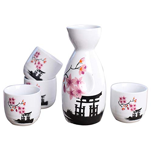 Lawei Conjunto de 5 piezas de sake de cerámica japonesa, diseño de flor rosa