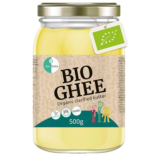 Go-Keto BIO Ghee, 500g | Mantequilla 100% clarificada, certificada BIO, Ayurveda | perfecto para la dieta cetogénica | ideal para hornear y asar | Sin lactosa, sin gluten, bajo en carbohidratos