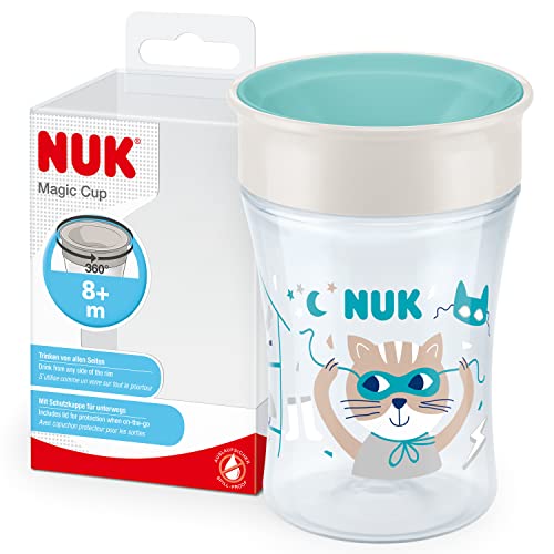 NUK Magic Cup vaso aprendizaje bebe | +8 meses | 230 ml | Borde a prueba de derrames de 360° para beber desde cualquier lado | A prueba de fugas | Sin BPA y lavable | Gato (turquesa)