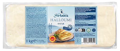 Sirtakis - Queso Halloumi cortado - 1 x 1 kg - Queso a la parrilla de Chipre como hamburguesa Halloumi, como guarnición para platos de pasta y arroz, refinado con menta