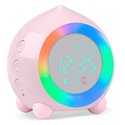 Reloj Despertador Infantil Digital, Despertador Digital Simulador de Amanecer Despertador para Niñas Niños con Luces Colores y Lámpara de Luz Nocturna Despertador Silencioso (Rosa)