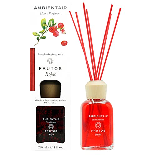 Ambientair Home Perfumes. Ambientador Mikado Aroma Frutos Rojos. Difusor de Varillas perfumadas. Difusor 240 ml con palitos de ratán.