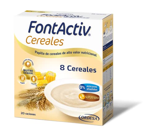 FontActiv 8 Cereales- Complemento Alimenticio en Papilla de Cereales para Adultos y Mayores 0% Azúcares Añadidos- 600 gr