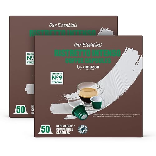 by Amazon Ristretto Intenso Cápsulas de café compatibles con Nespresso, Tueste oscuro, 50 unidad, Paquete de 2 - Certificado Rainforest Alliance