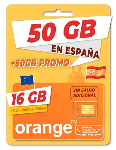 Orange Spain - Tarjeta SIM Prepago 50GB en España| 5.000 Minutos Nacionales | 50 Minutos internacionales | Activación Online Solo en marcopolomobile .com