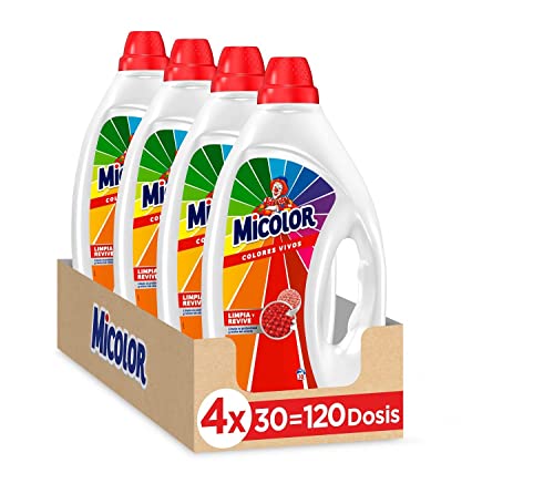 Micolor Gel Colores Vivos (pack de 4, total: 120 lavados), detergente líquido para lavadora con tecnología recupera colores, jabón para ropa de color