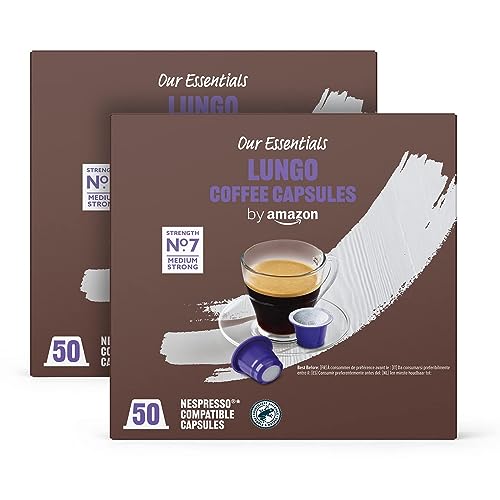 by Amazon Lungo Cápsulas de café compatibles con Nespresso, Tueste Medio, 50 unidad, Paquete de 2 - Certificado Rainforest Alliance