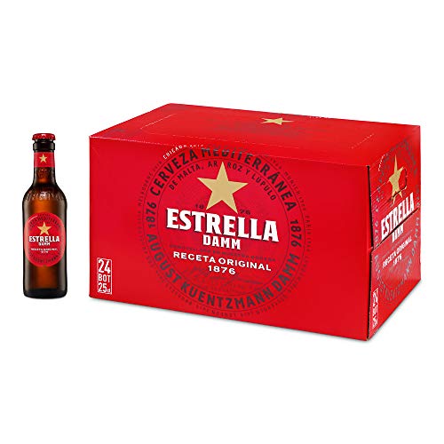 Damm - Cerveza Estrella Damm, Caja de 24 Botellas 25cl | Cerveza Lager Mediterránea, Receta Original 1876, 100% Ingredientes Naturales, en Botellín